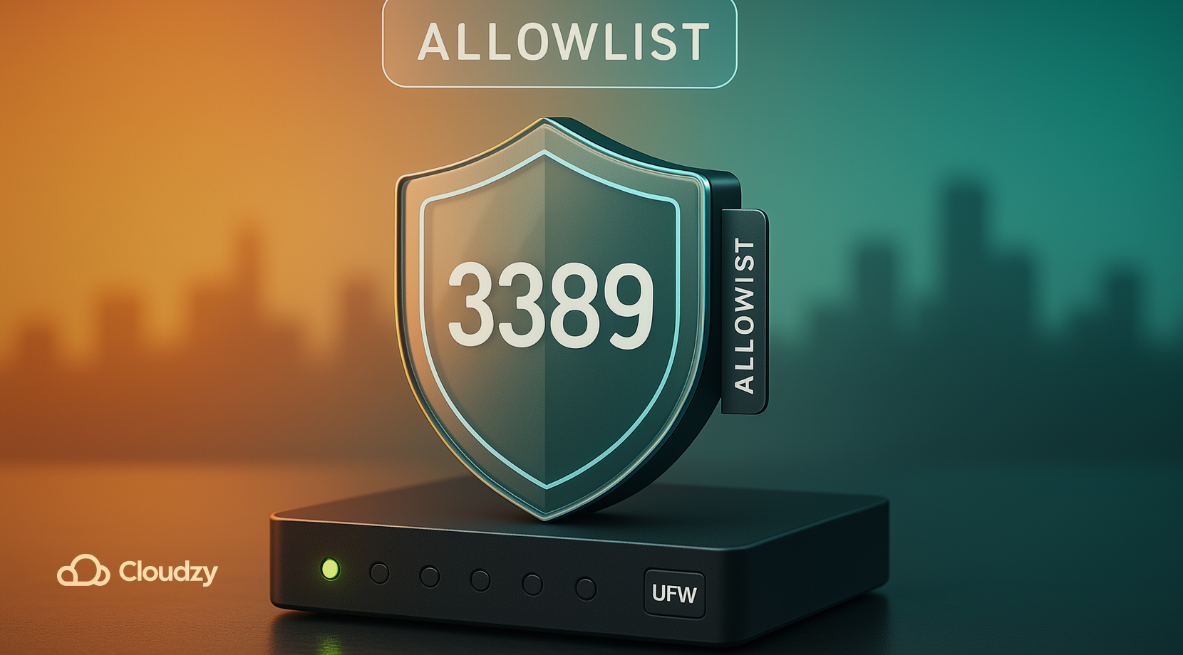 A clear-glass shield overlays a recessed port glyph 3389; a slim side tab reads ALLOWLIST and a tiny corner tag UFW. one firewall link LED glows while the rest stay dim, with soft puddle reflections on the floor.