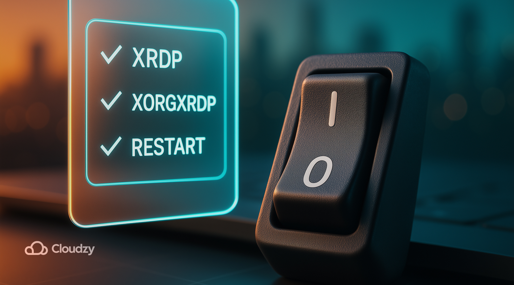 A thin glass checklist of three steps floats: XRDP, XORGXRDP, RESTART (one per pane). Foreground hero is an ultrareal power rocker switch (matte plastic, micro-scuffs, dust in the seam) angled toward the panes. Single depth cue: faint perspective grid; clean neon rims and subtle AR shimmer.