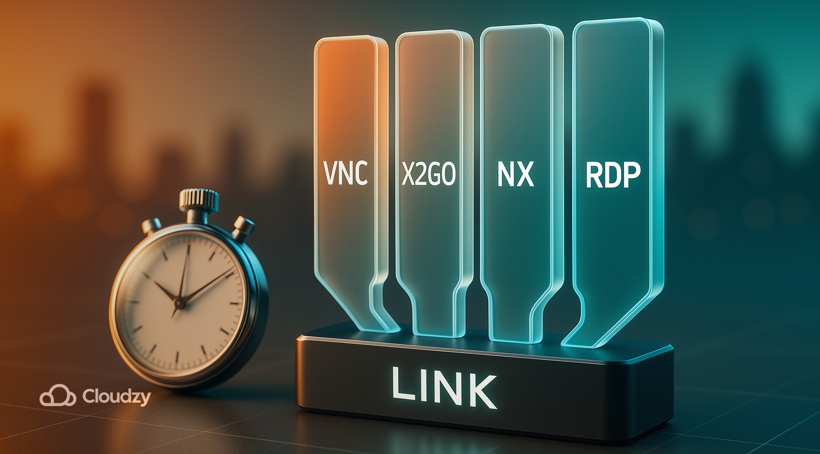 A single glass conduit labeled LINK splits into four vertical badges: VNC, X2GO, NX, RDP; all fed from the same base. An ultrareal stopwatch lies front-left.