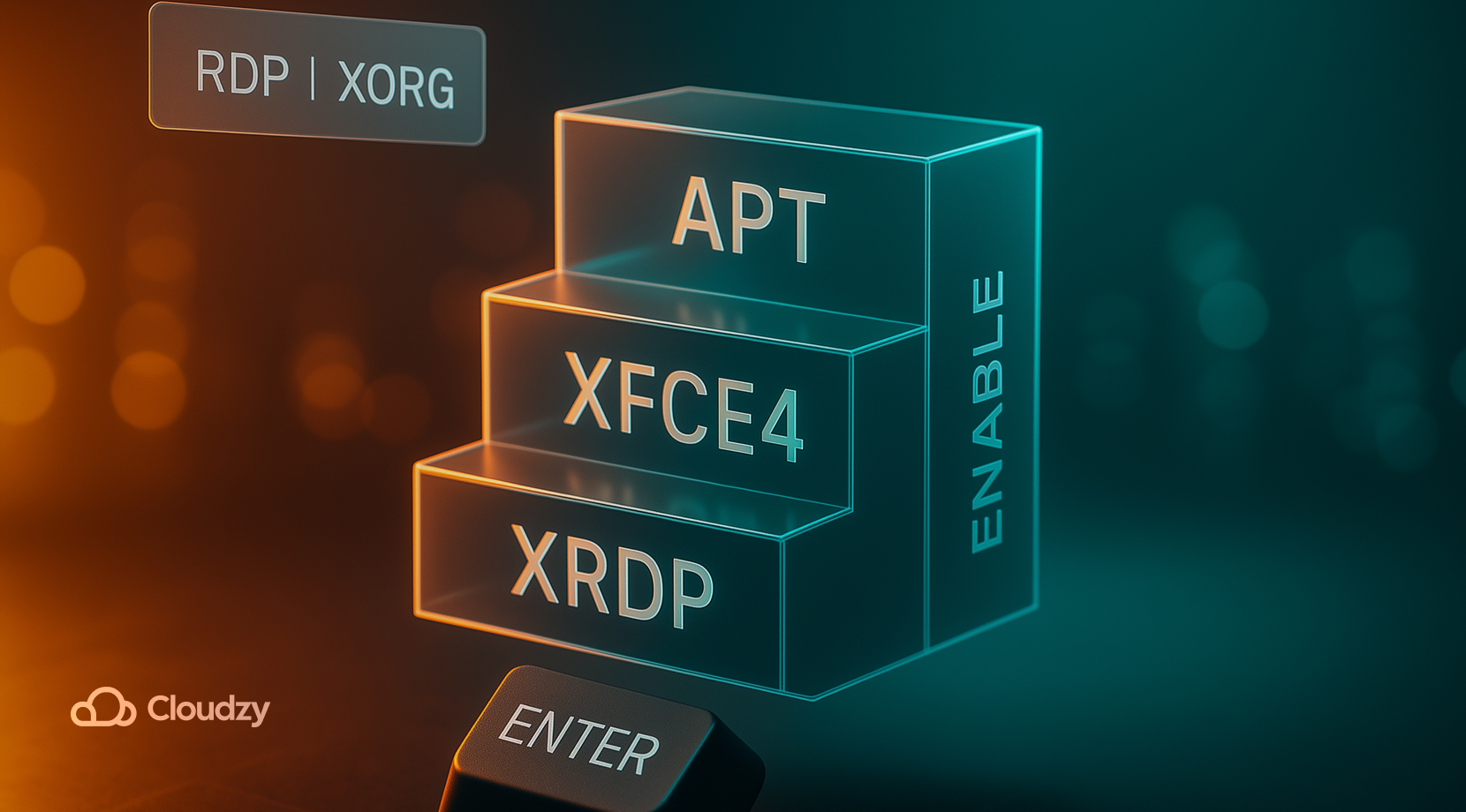 A three-step glass “install ladder” floats front-and-center: thin panes labeled APT, XFCE4, XRDP (one token per pane), each rim-lit; an ultrareal ENTER keycap (matte plastic, micro-scratches, subtle shine) hovers at the bottom as if to confirm. A slim side ribbon reads ENABLE.