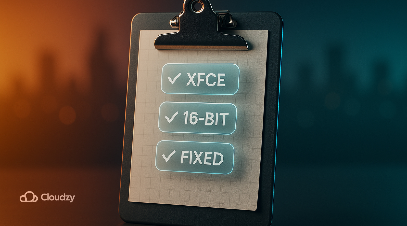 An ultrareal metal clipboard with spring clip and paper grain sits center; three translucent stamps float above the clipboard's page, each with a check mark like approvals: XFCE, 16-BIT, FIXED.