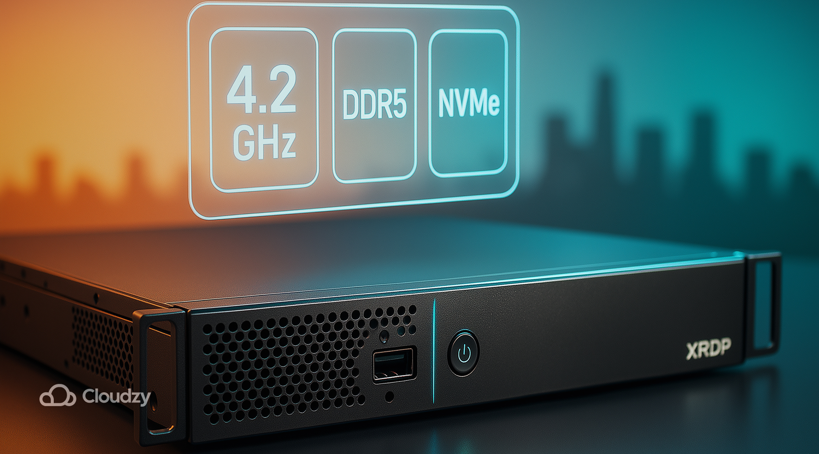 An ultrareal 1U server front panel is the hero, steel grain and tiny label text visible; the spine becomes three separate thin panes fanned left-to-right: pane A 4.2 GHz, pane B DDR5, pane C NVMe; a small badge near the power button reads XRDP.
