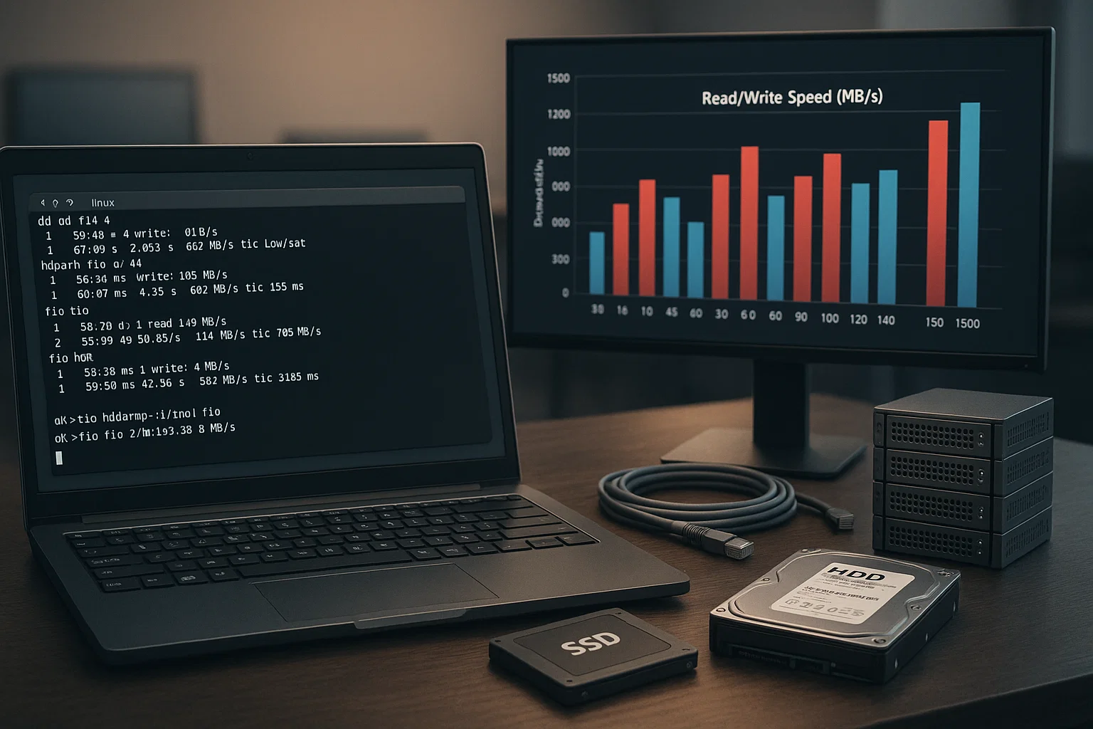 Linux laptop running disk speed tests 