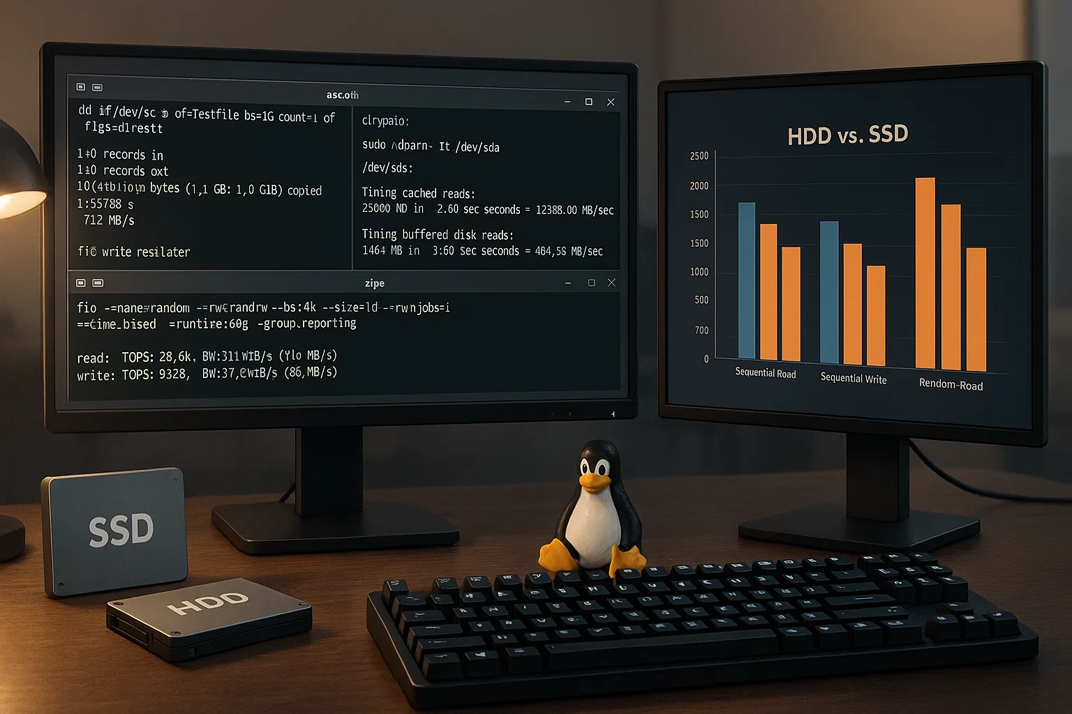 Linux workstation showing dd, hdparm, and fio speed tests