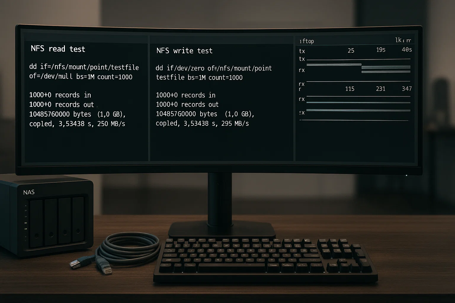 Ultrawide monitor displaying NFS speed tests