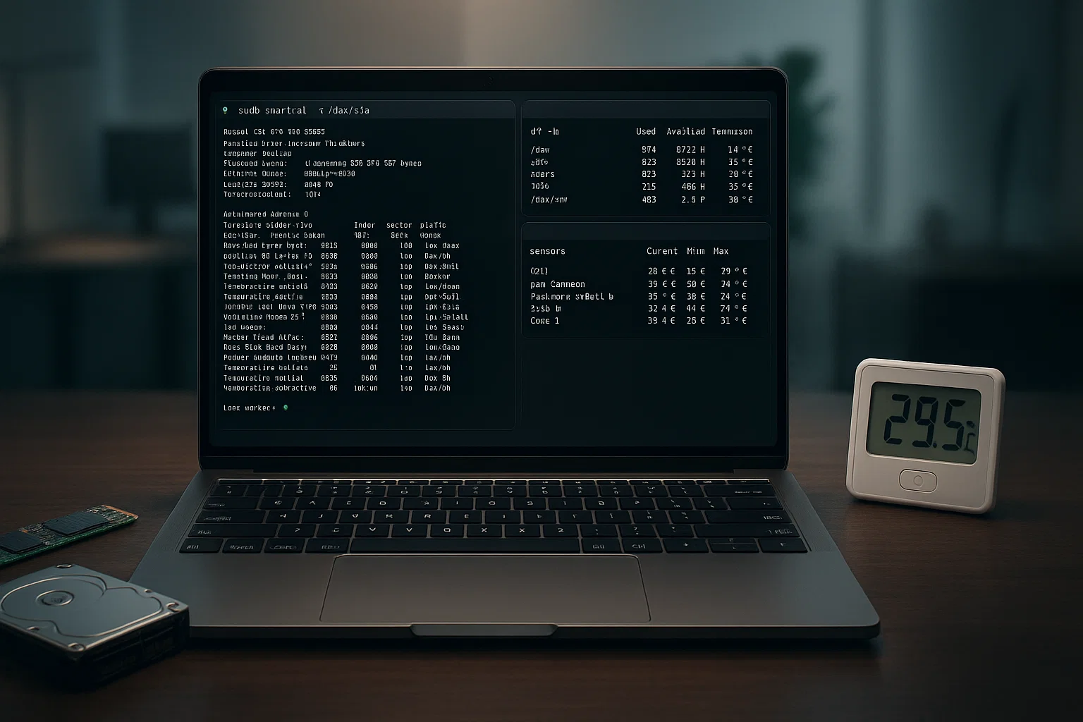 Laptop showing SSD health and performance diagnostics