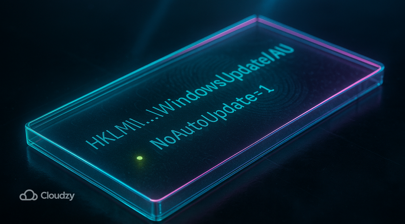 An ultrareal microscope slide on a lab-clean glass stage shows micro-etched path text HKLM\…\WindowsUpdate\AU with faint fingerprints and bevel glare; a tiny NoAutoUpdate=1 dot appears as a crisp fluorescent speck; the slide label sticker has fine paper fibers; one depth layer, clinical and exact.