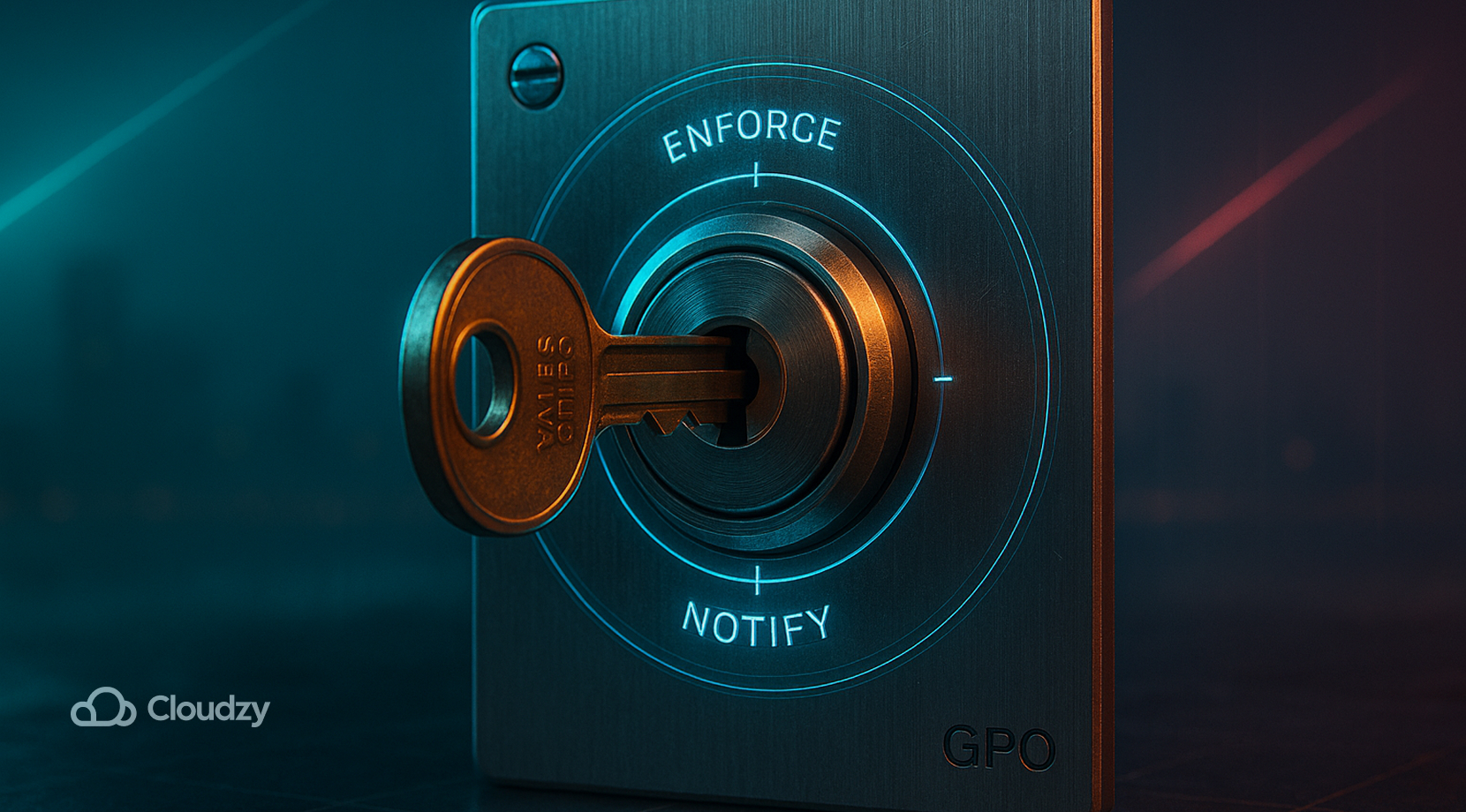 An ultrareal keyed rotary selector mounted on a brushed steel plate micro-stamped GPO; the inserted brass key is turned to a crisp detent marked NOTIFY, with fine machining rings, hairline scratches, and tiny key-brand typography visible; a faint glass overlay shows three small engraved ticks around the dial (ENFORCE, NOTIFY, DEFER) with only NOTIFY rim-lit.