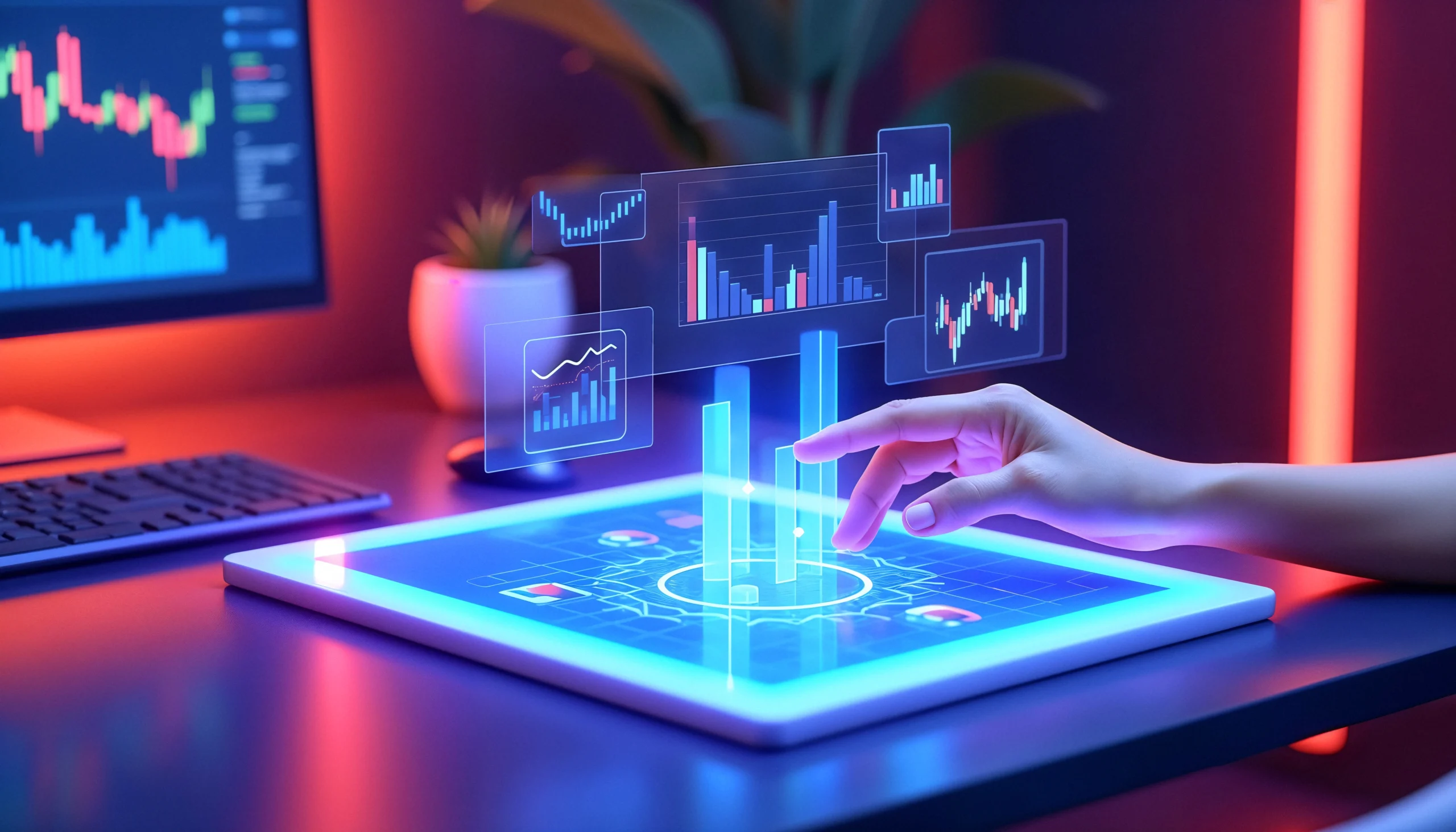 Futuristic trading interface displaying five different bot strategies with performance metrics and market analysis charts