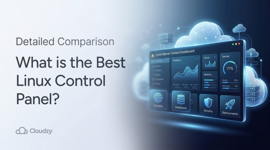 Picture depicting the best Linux control panel + tagline + description + Cloudzy logo.