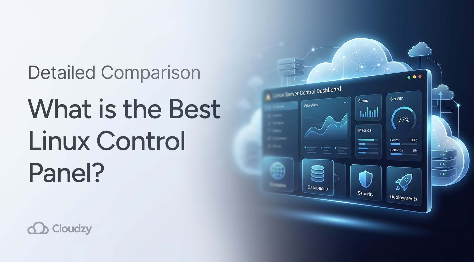 Picture depicting the best Linux control panel + tagline + description + Cloudzy logo.