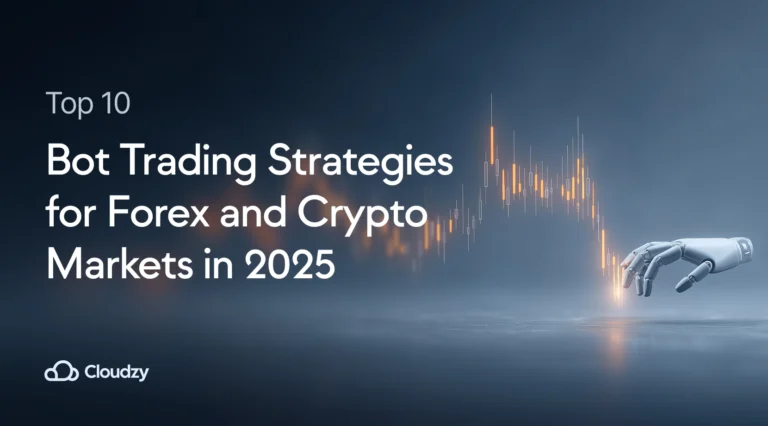 Panel pokročilých obchodních strategií botů zobrazující analýzu forexového a krypto trhu s algoritmy AI a datovými kanály v reálném čase