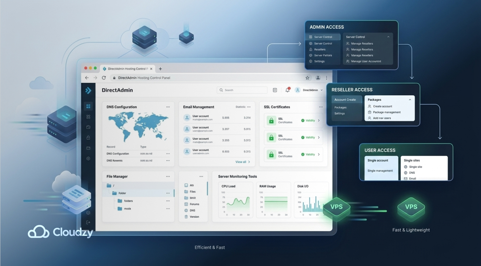 DirectAdmin, one of the best Linux control panels with a VPS deployment + Cloudzy logo