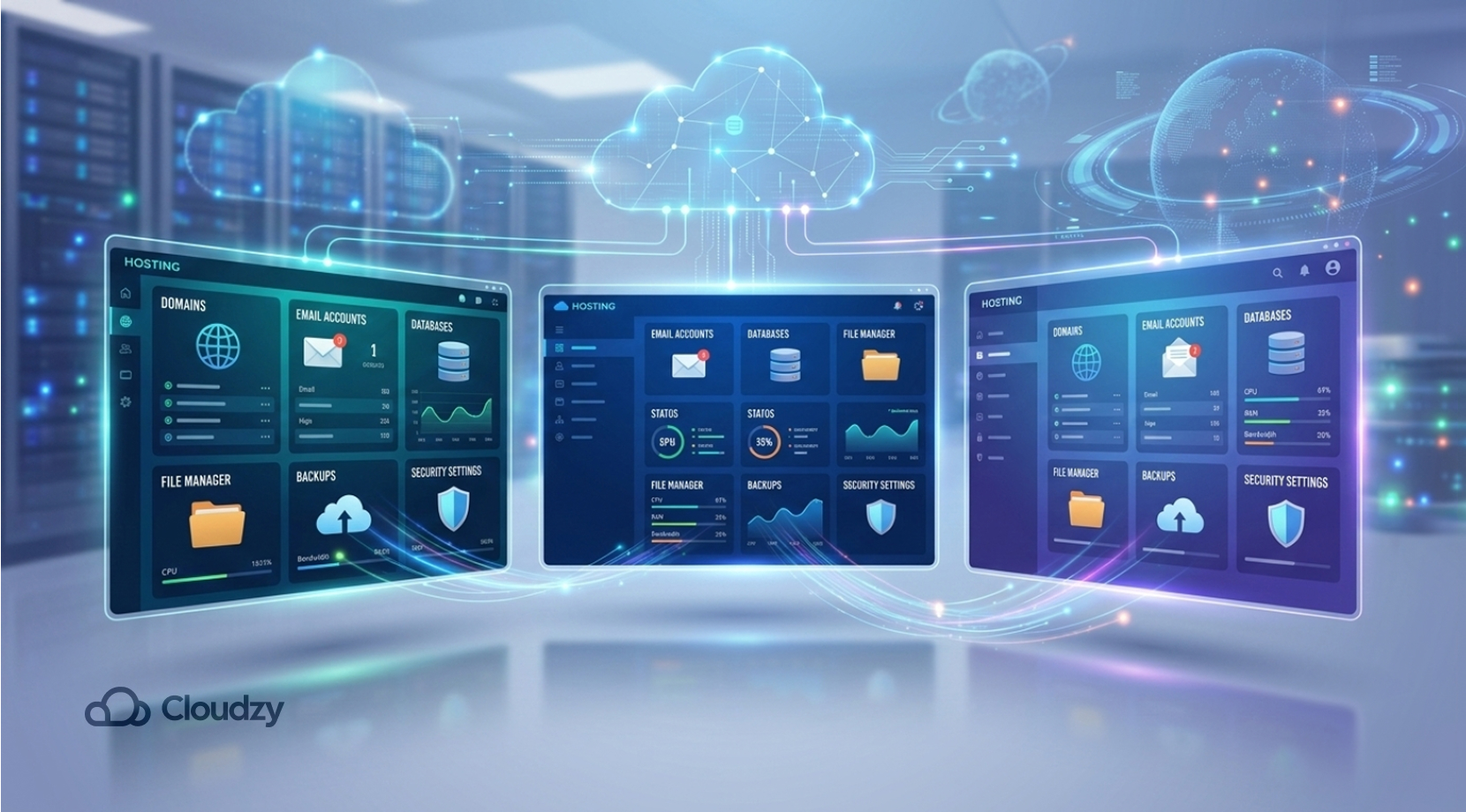 Picture of three distinct best Linux control panels + cloud connection + Cloudzy logo.