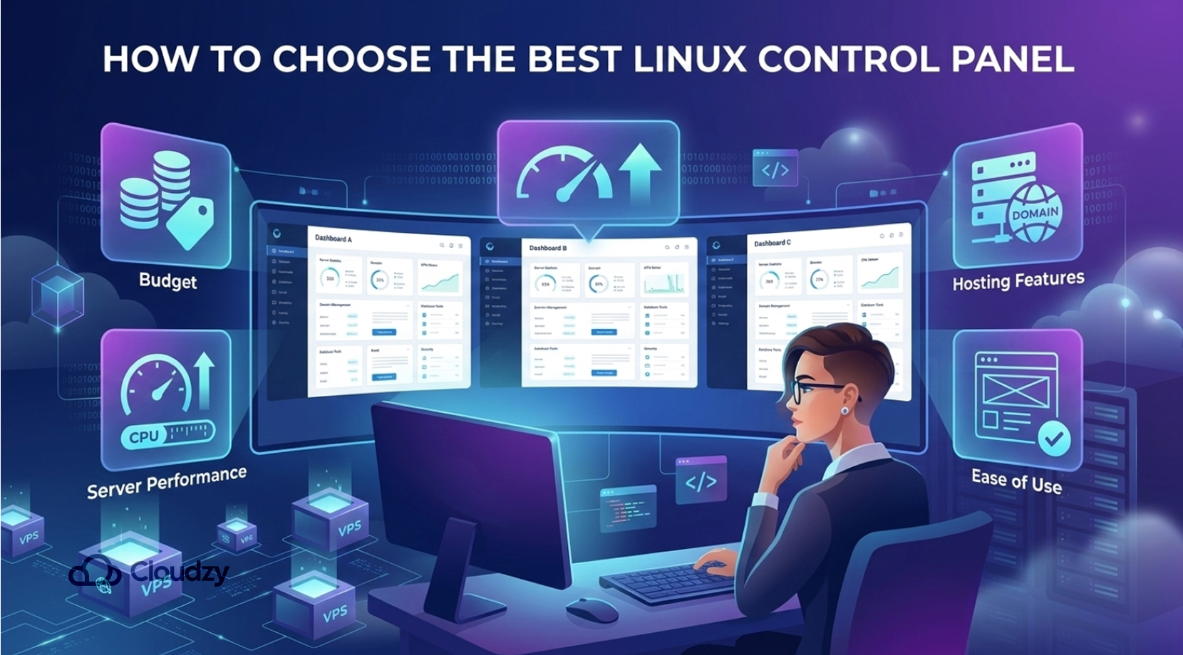 Picture depicting a person choosing between the best Linux control panels and is considering every aspect of each one, + Cloudzy logo.