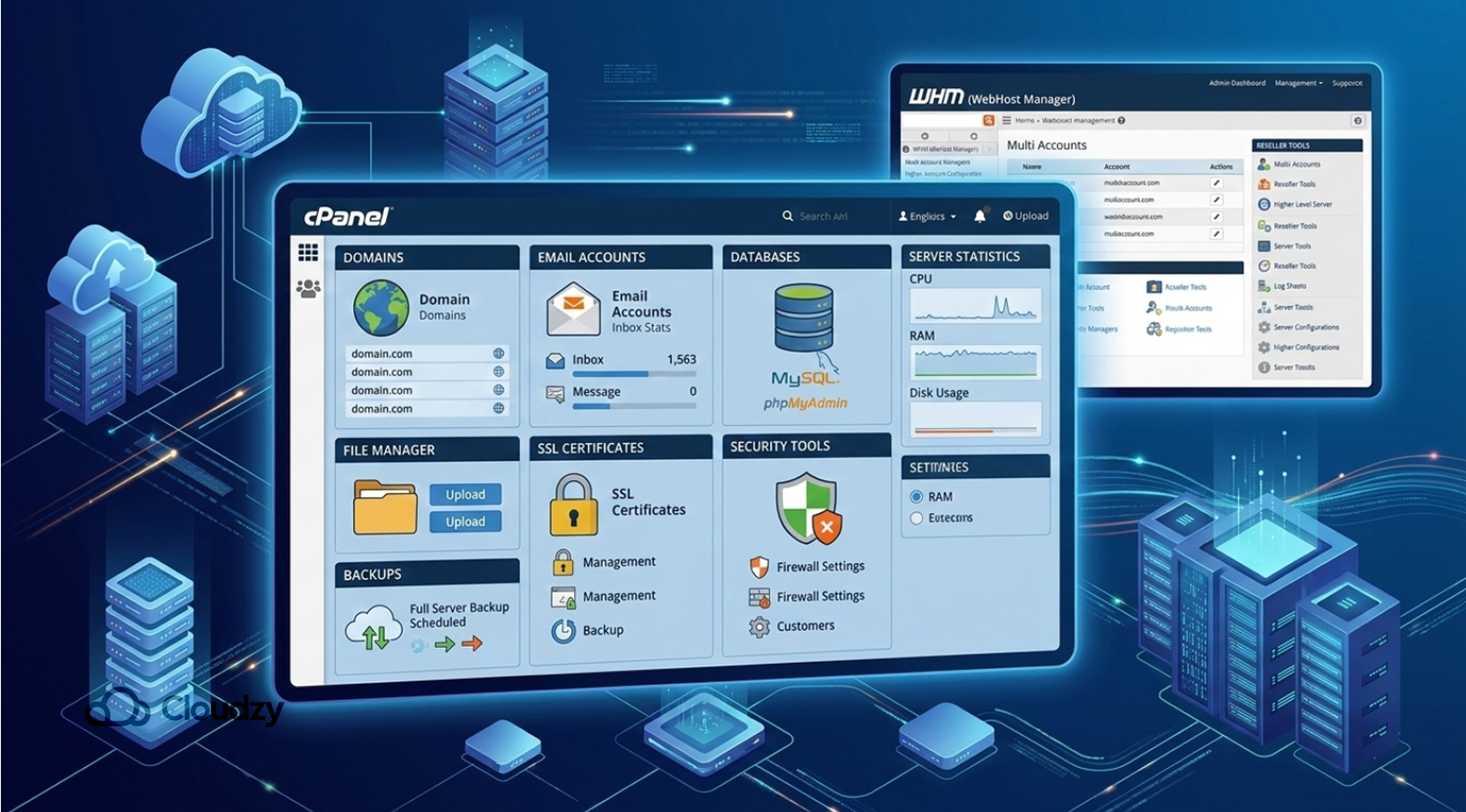 cPanel, one of the best Linux control panels with cloud networking + a Cloudzy logo.