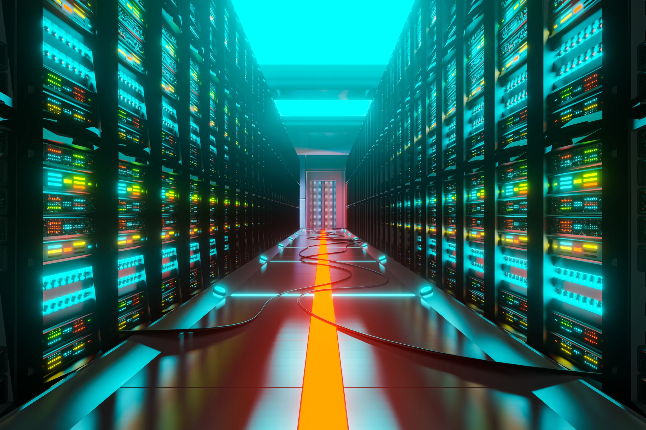 data center with server racks corridor room 3d render digital data cloud technology scaled