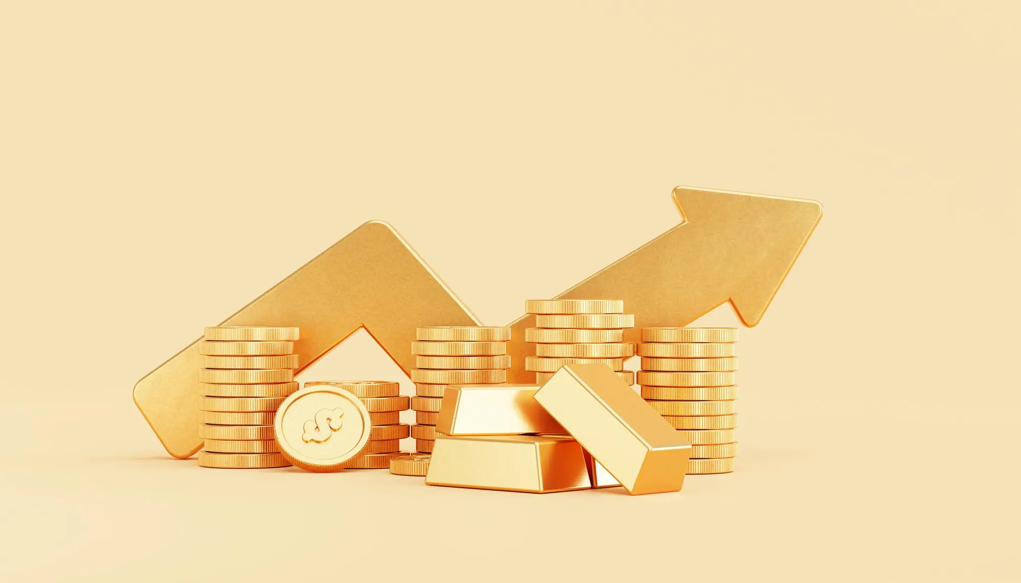 gold growing arrow with gold coin money stacks gold bar business finance savings investment concept background 3d illustration