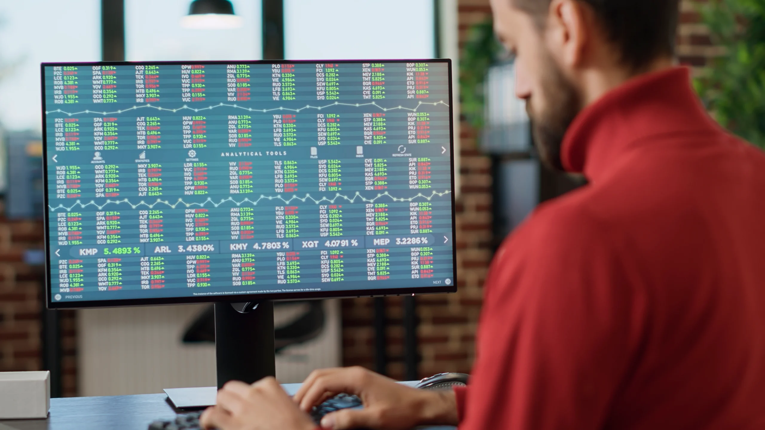 young investor working computer with real time stock charts following trade market sales trend financial analyst using forex exchange statistics plan data analysis index profit close up scaled