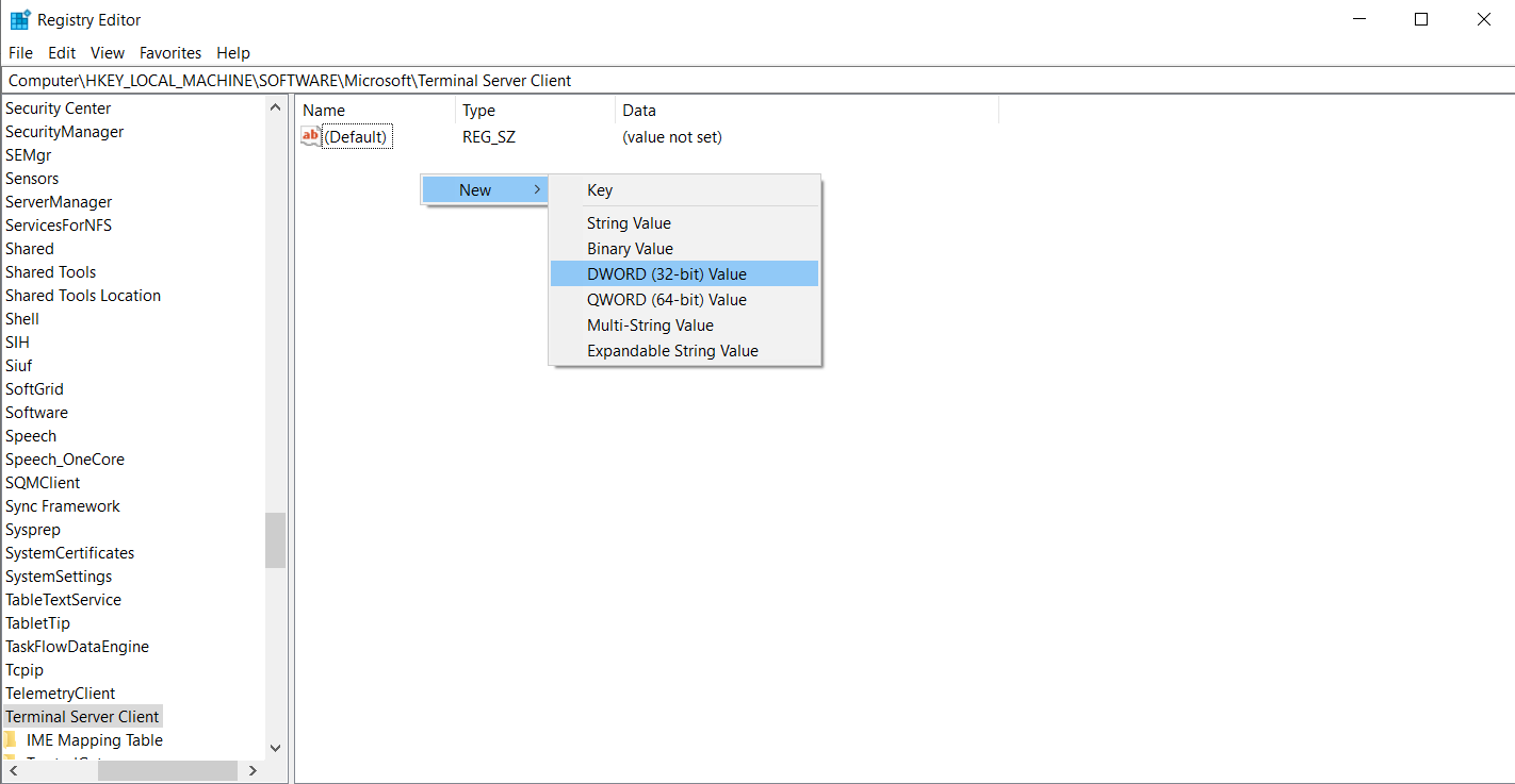 Context menu creating new DWORD value.