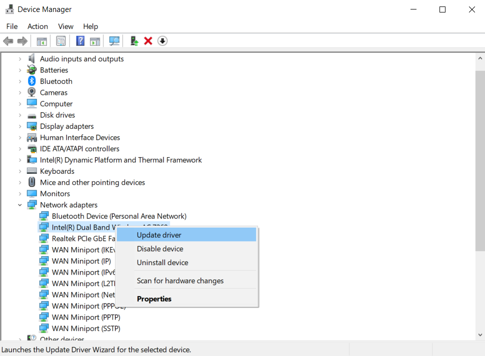 Device Manager with network adapter right-clicked on Update driver.
