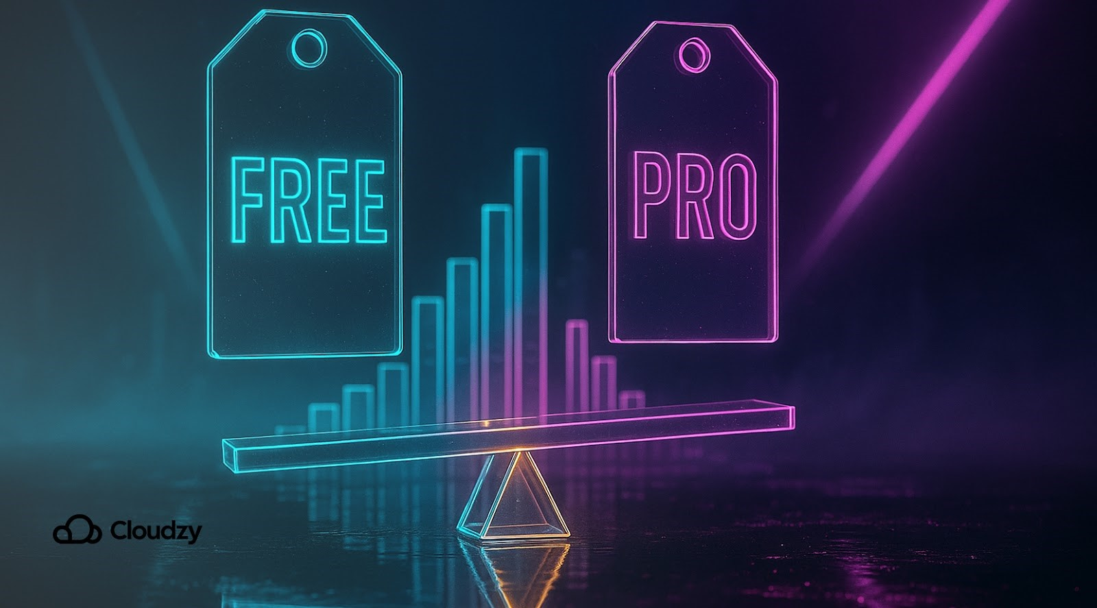Two vertical price tags—FREE left, PRO right—balance on a glowing fulcrum bar; holographic bar charts erupt mid-ground, their rising segments reflected in puddles, while one neon shaft slants through rolling mist, highlighting fiscal tension as the lens tilts upward.
