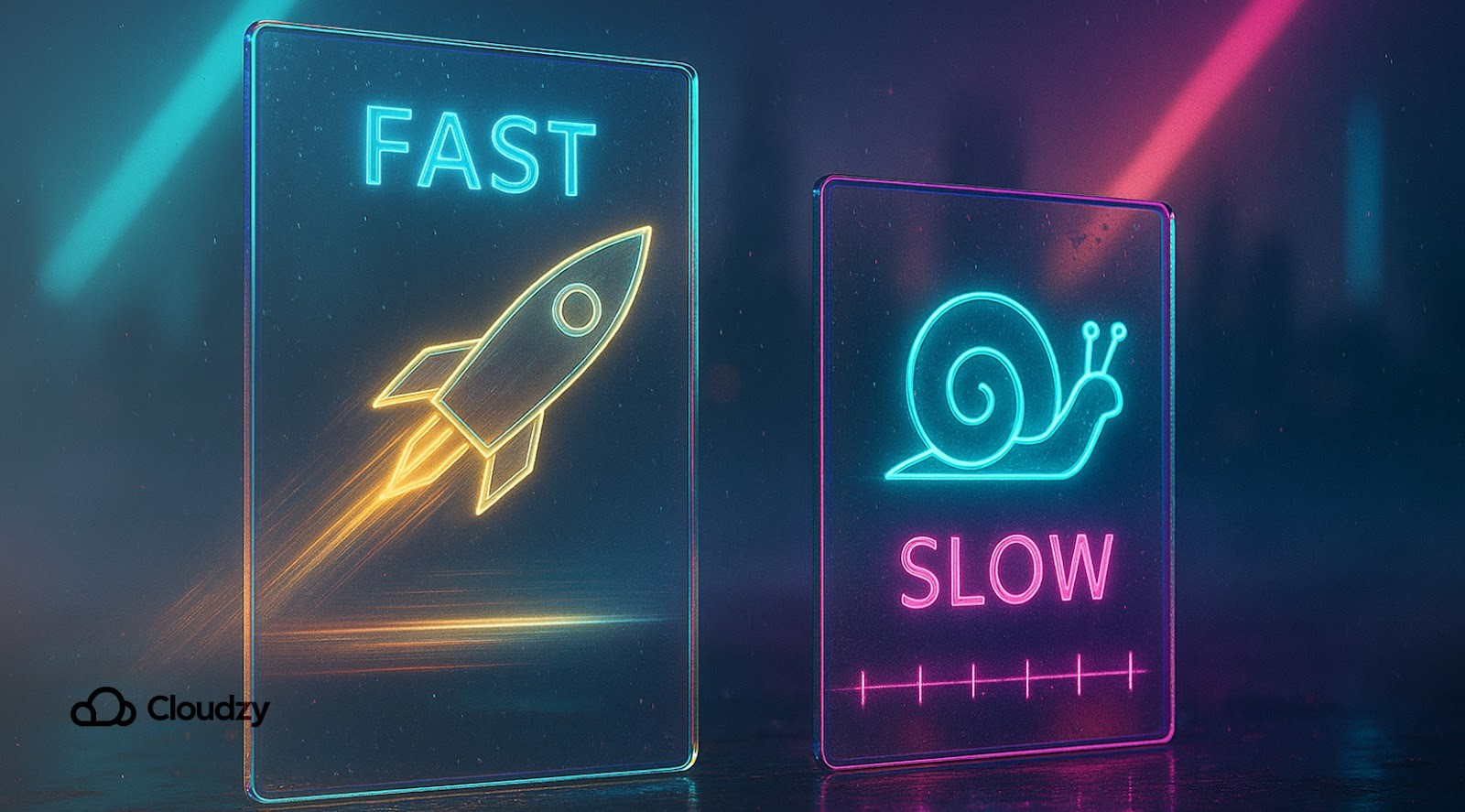 A rocket arrow pane FAST blurs past a snail icon SLOW; latency ticks ripple on a translucent track while a faint skyline silhouette grounds the accelerated motion.