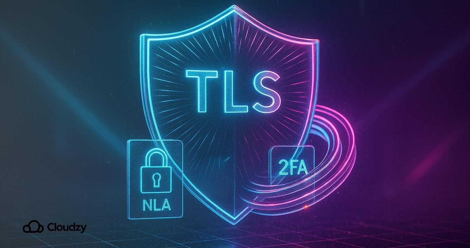 A radiant shield engraved TLS anchors centre, flanked by lock icons NLA and 2FA; rotating firewall rings sparkle as a single perspective grid fades into violet mist behind.