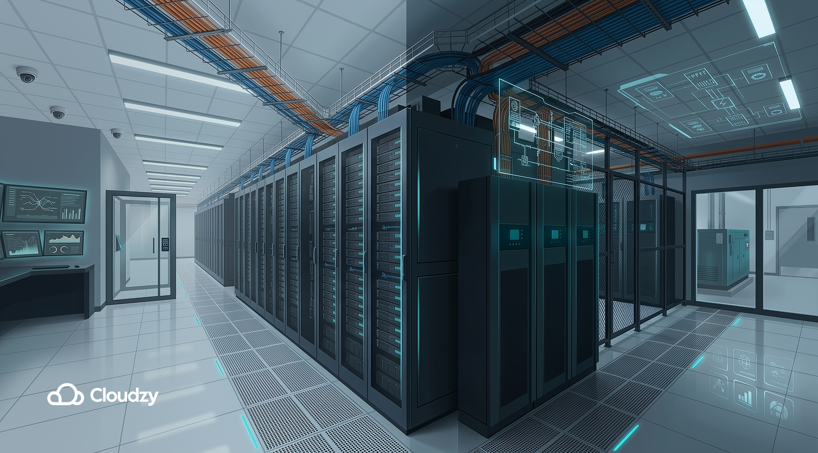Data center room with many server setups and other infrastructure like wiring and monitoring + Cloudzy logo