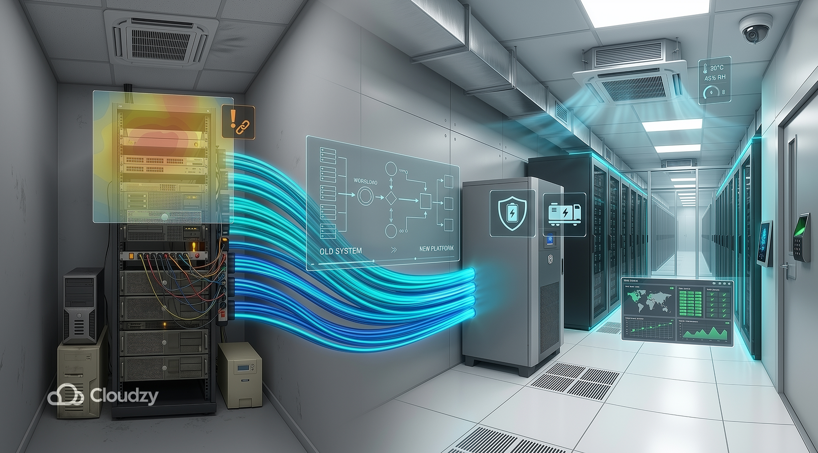 Two distinct server setups put side by side with a futuristic link between them + Cloudzy logo.