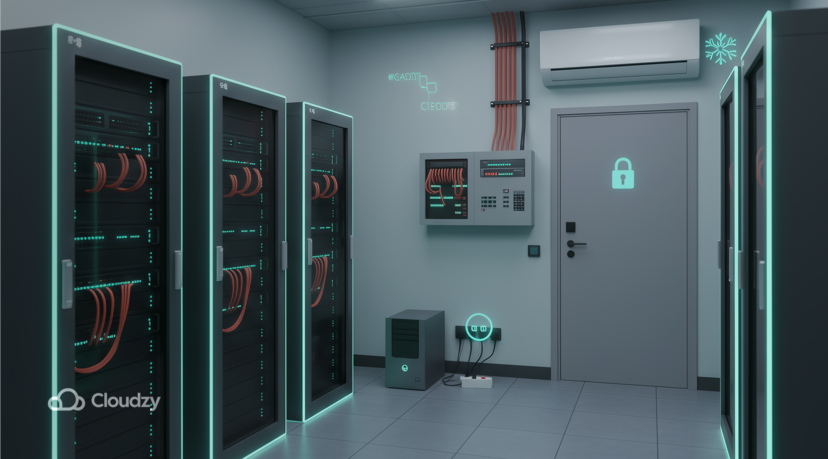 Secure server room with a set of IT infrastructure + cooling system + Cloudzy logo.