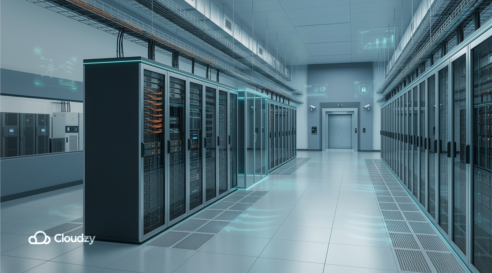Data center room full of server setups + CCTV cameras + digital and physical security + Cloudzy logo.