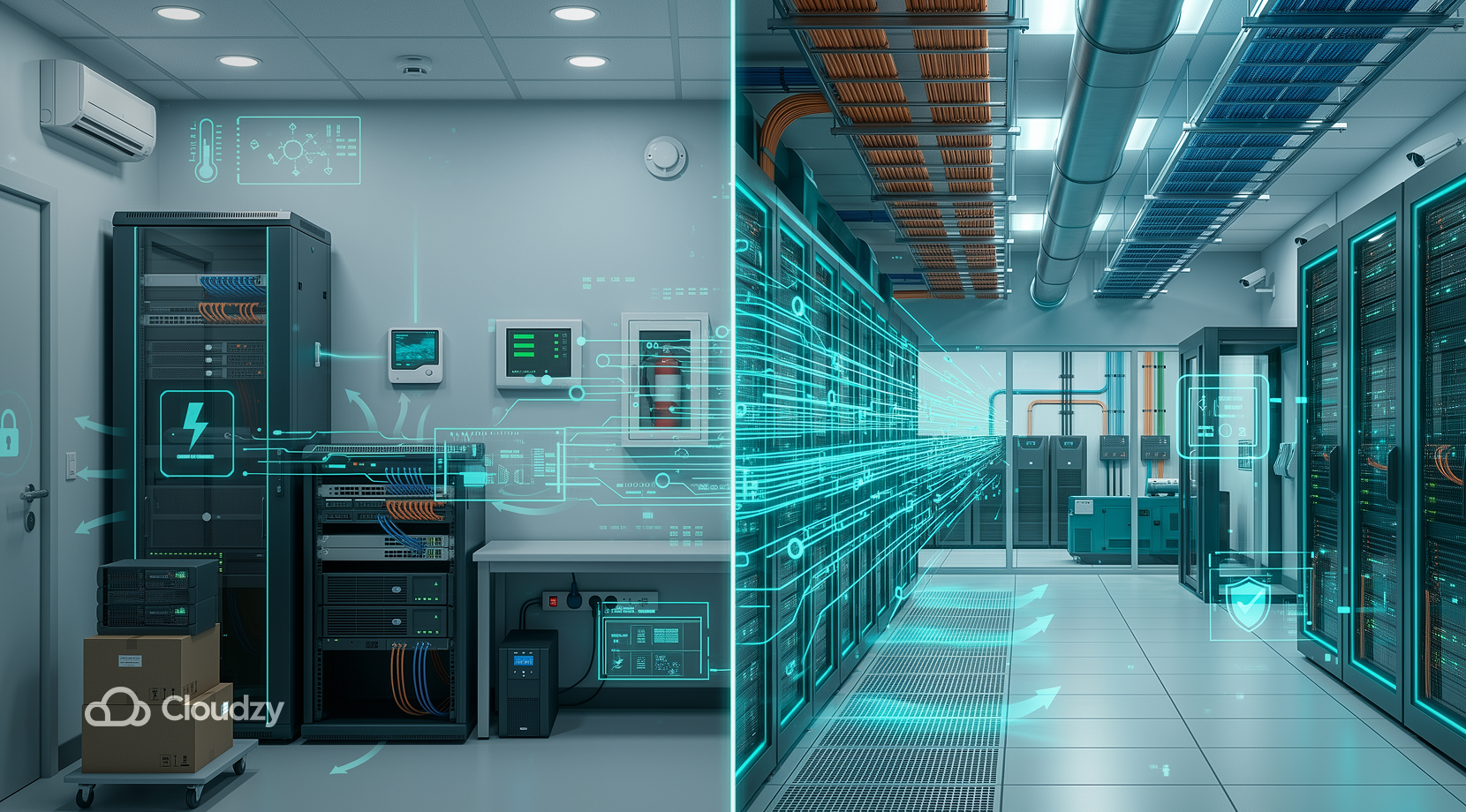 A server room and a data center room put against eachother. The server room looks small and basic with minimal IT equipment while the data center is very high-tech + Cloudzy logo.