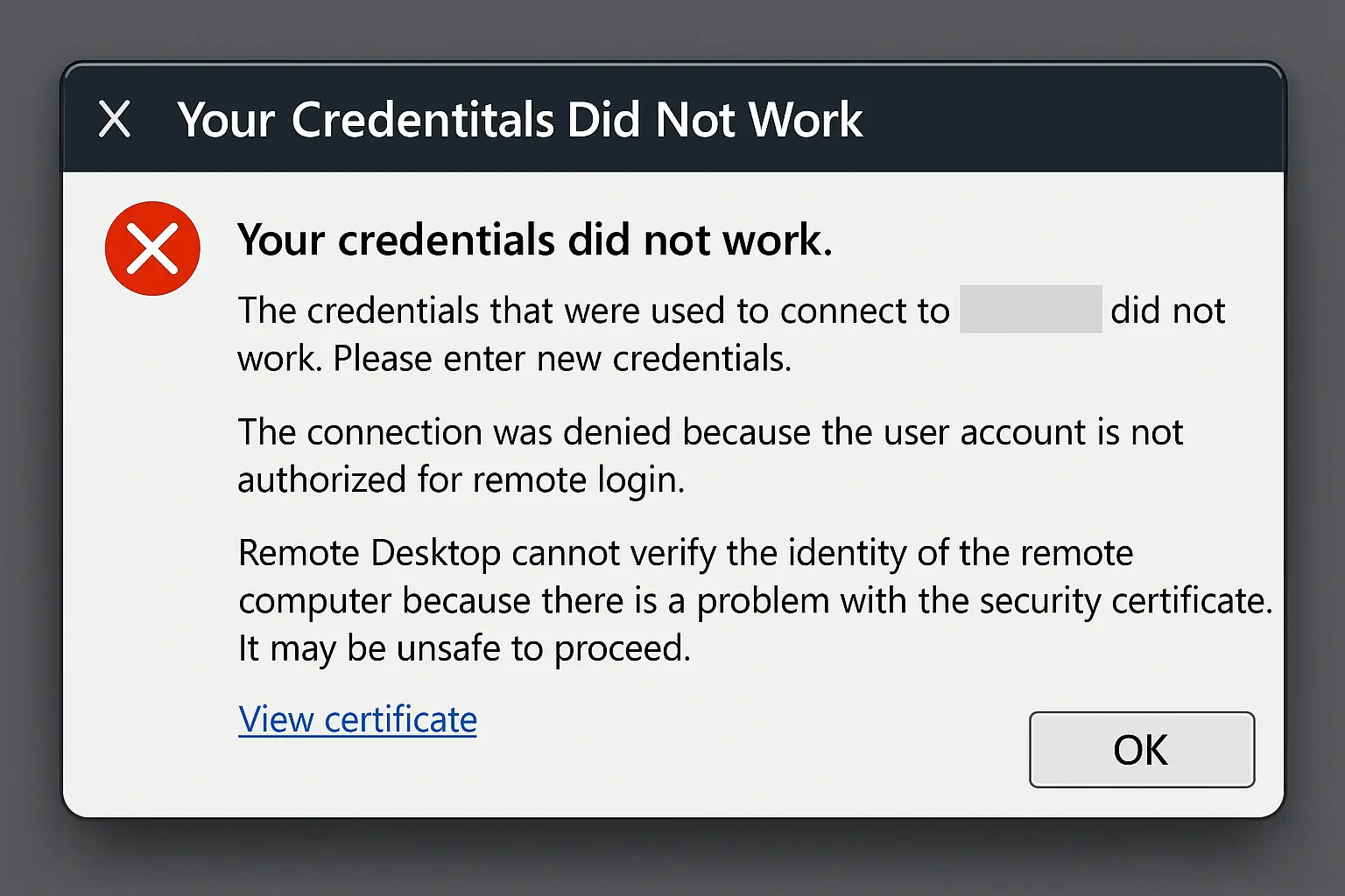 Remote Desktop Credentials Did Not Work: Complete Error Fix 4 A breakdown of why Remote Desktop credentials fail, covering account name mismatches, blank password blocks, authentication conflicts, and security policies preventing access.