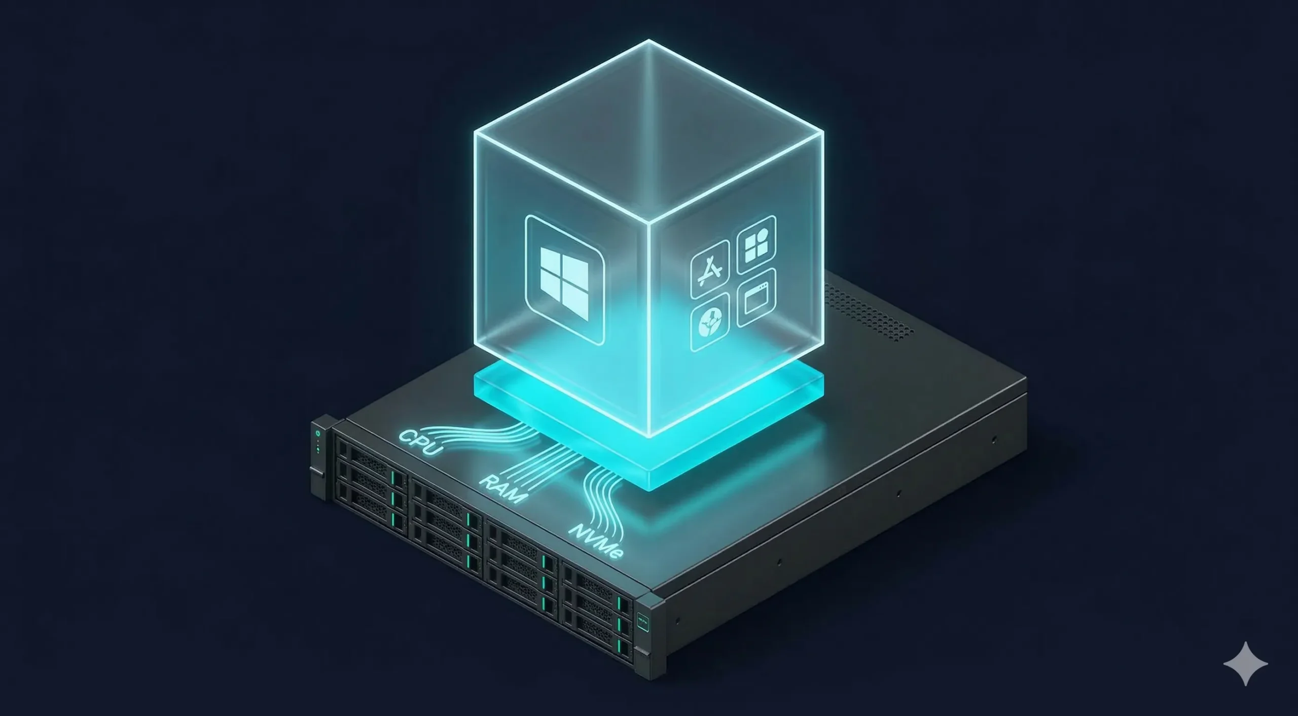 A glowing cyan cube containing app icons hovering over a physical server chassis.