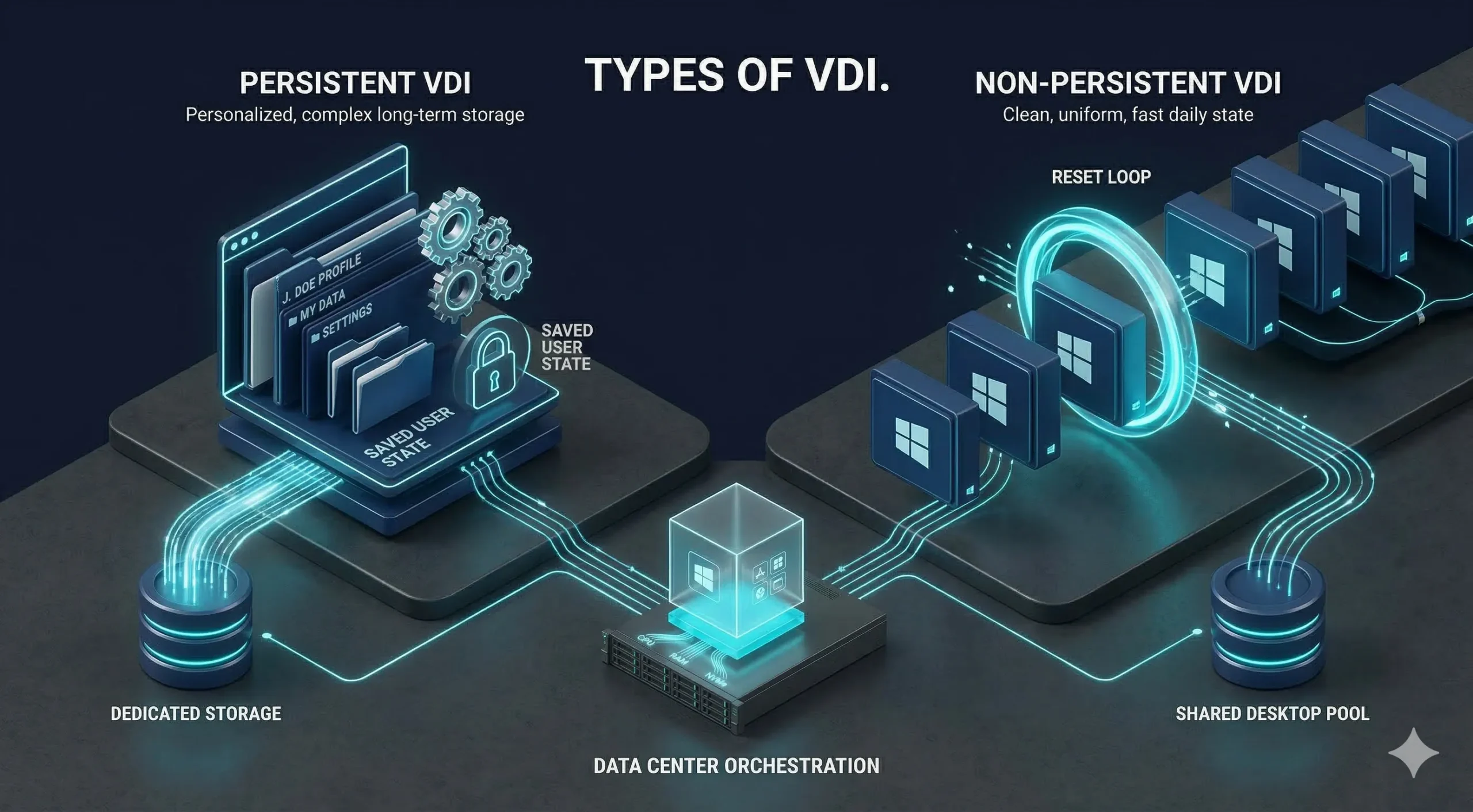 A diagram contrasting Persistent VDI's saved folders with Non-Persistent VDI's daily reset loop.