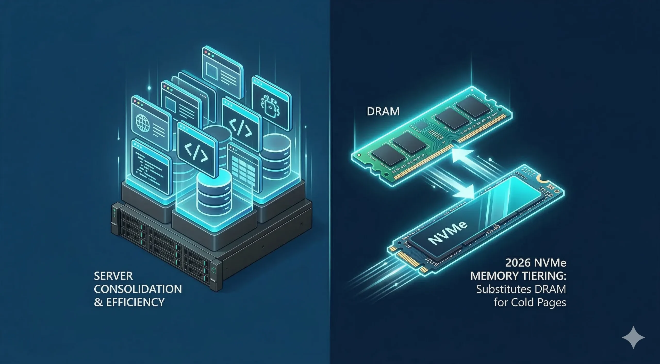 An infographic showing multiple apps consolidated on a server alongside NVMe memory tiering hardware.