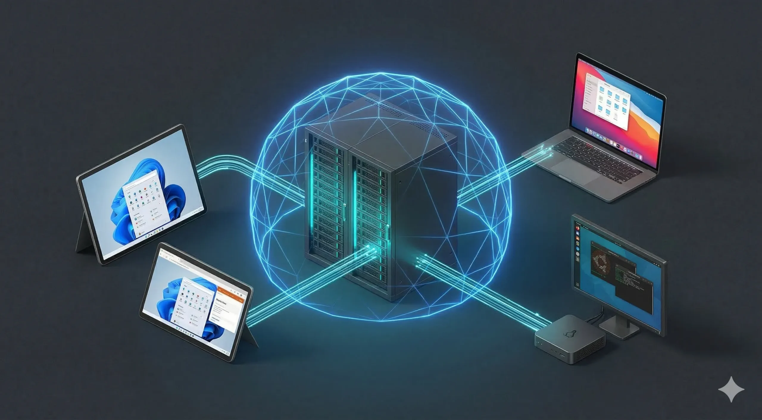 A central server inside a glowing blue sphere streaming connections to various remote devices.