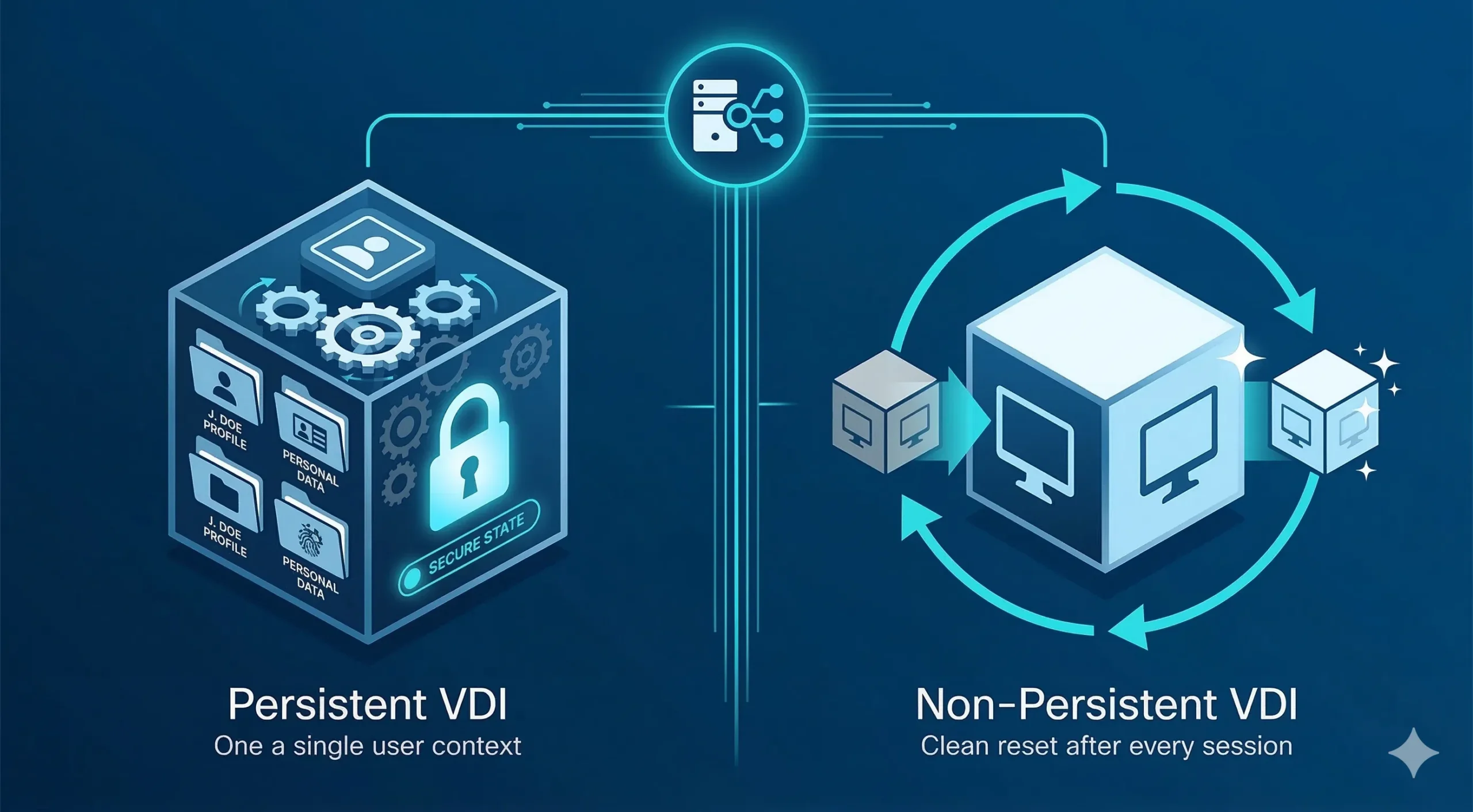 A visual comparison between a secure Persistent VDI cube and a Non-Persistent recycling process.