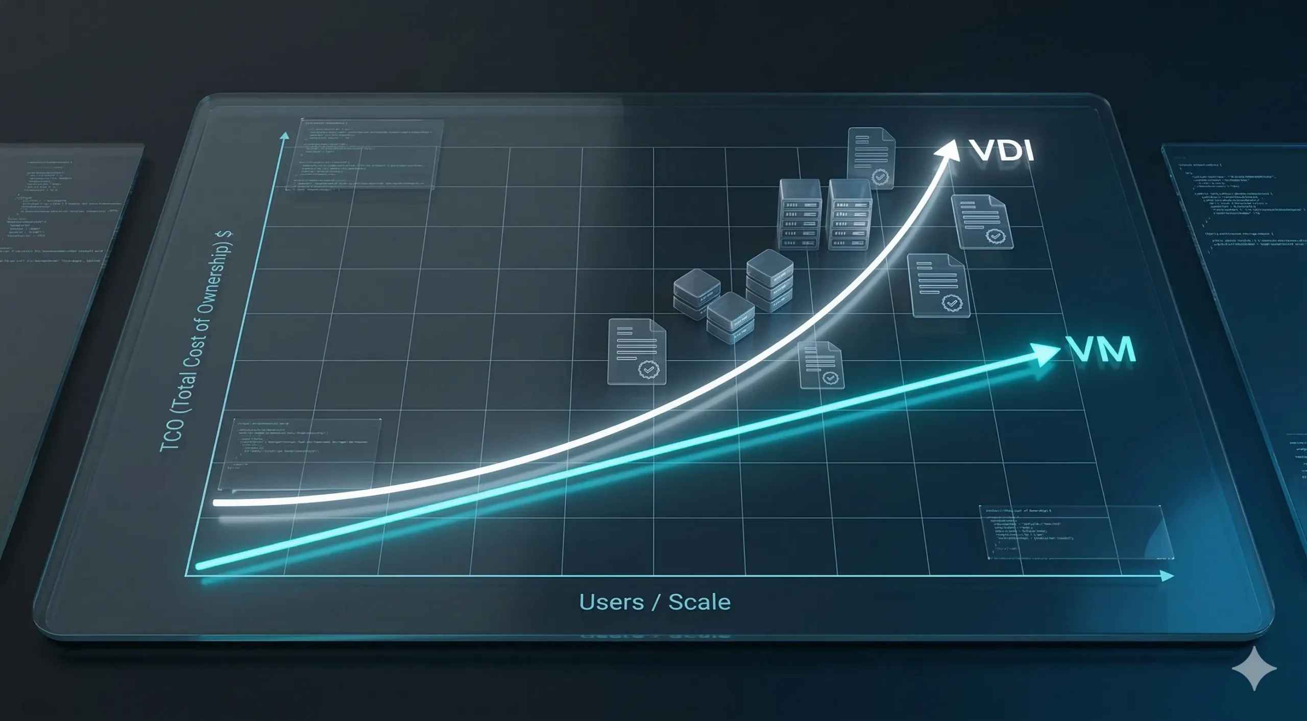 A glowing financial chart comparing a linear VM cost line with an exponential VDI curve.