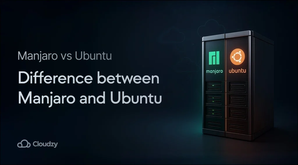 Manjaro vs Ubuntu Illustration of cloud VPS with Ubuntu and Manjaro icons, symbolizing Linux server testing