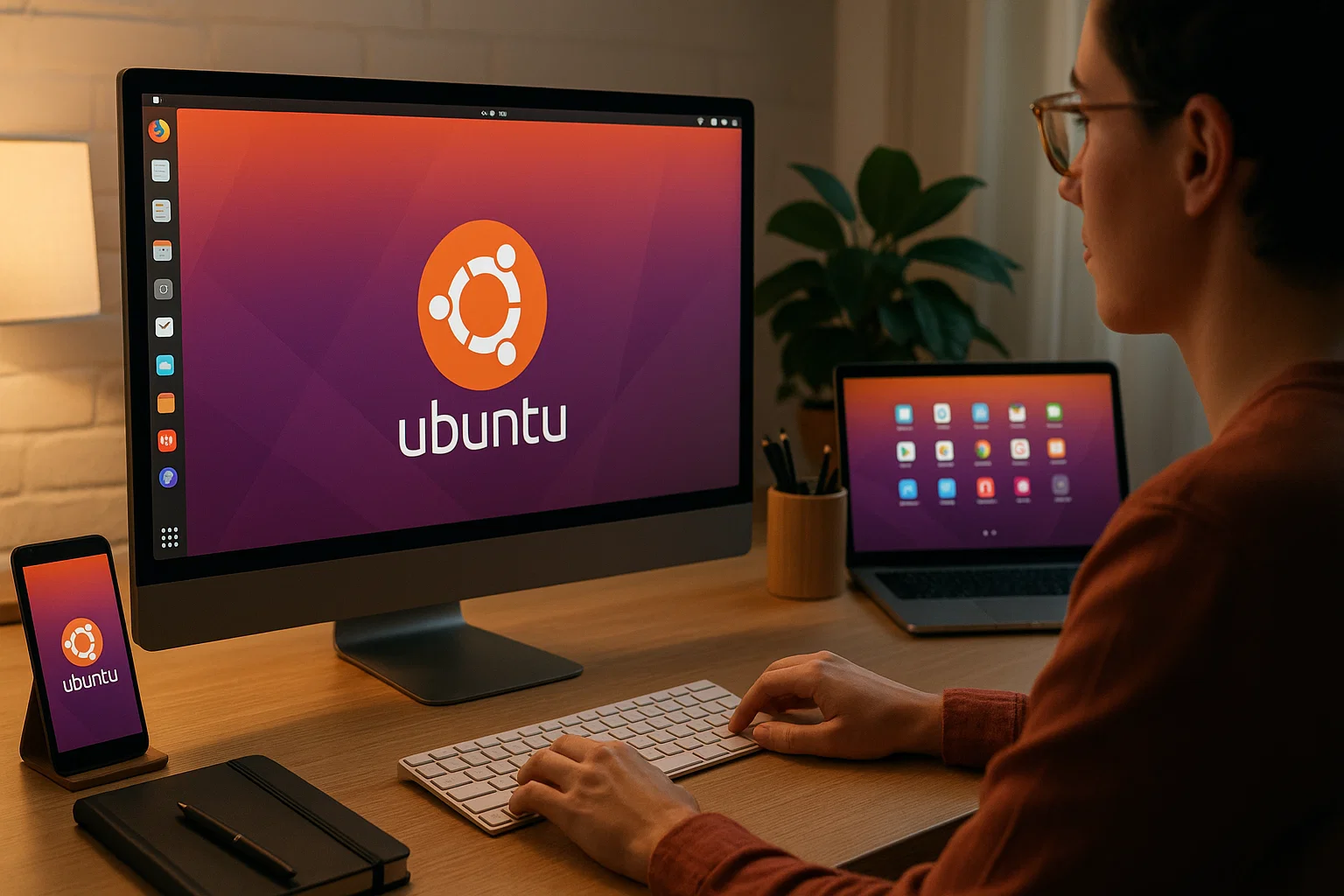 A young man sitting in front of a screen displaying the Ubuntu logo, with his hands on the keyboard and looking at the screen. A mobile phone and laptop are placed next to the monitor.