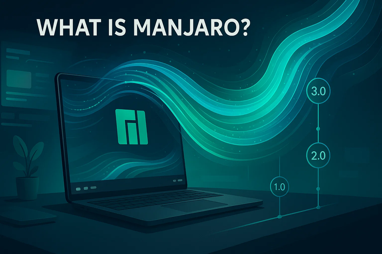 Illustration of a laptop displaying the Manjaro Linux logo, with teal wave graphics and a version timeline labeled 1.0, 2.0, 3.0, under the heading ‘What is Manjaro?