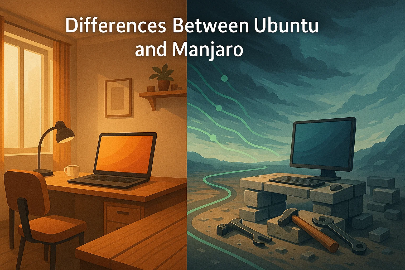 Split illustration comparing Ubuntu and Manjaro: left side shows a cozy indoor desk scene with a laptop for Ubuntu, right side shows an outdoor rugged setup with tools and a laptop for Manjaro, under the heading ‘Differences Between Ubuntu and Manjaro.