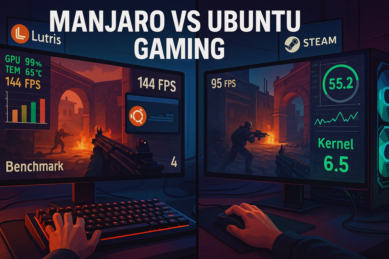 Side‑by‑side gaming benchmark of Manjaro vs Ubuntu: Manjaro shows 144 FPS with Lutris at 99% GPU usage, 65°C; Ubuntu shows 95 FPS with Steam on Kernel 6.5, gauge at 55.2. Heading highlights performance differences.
