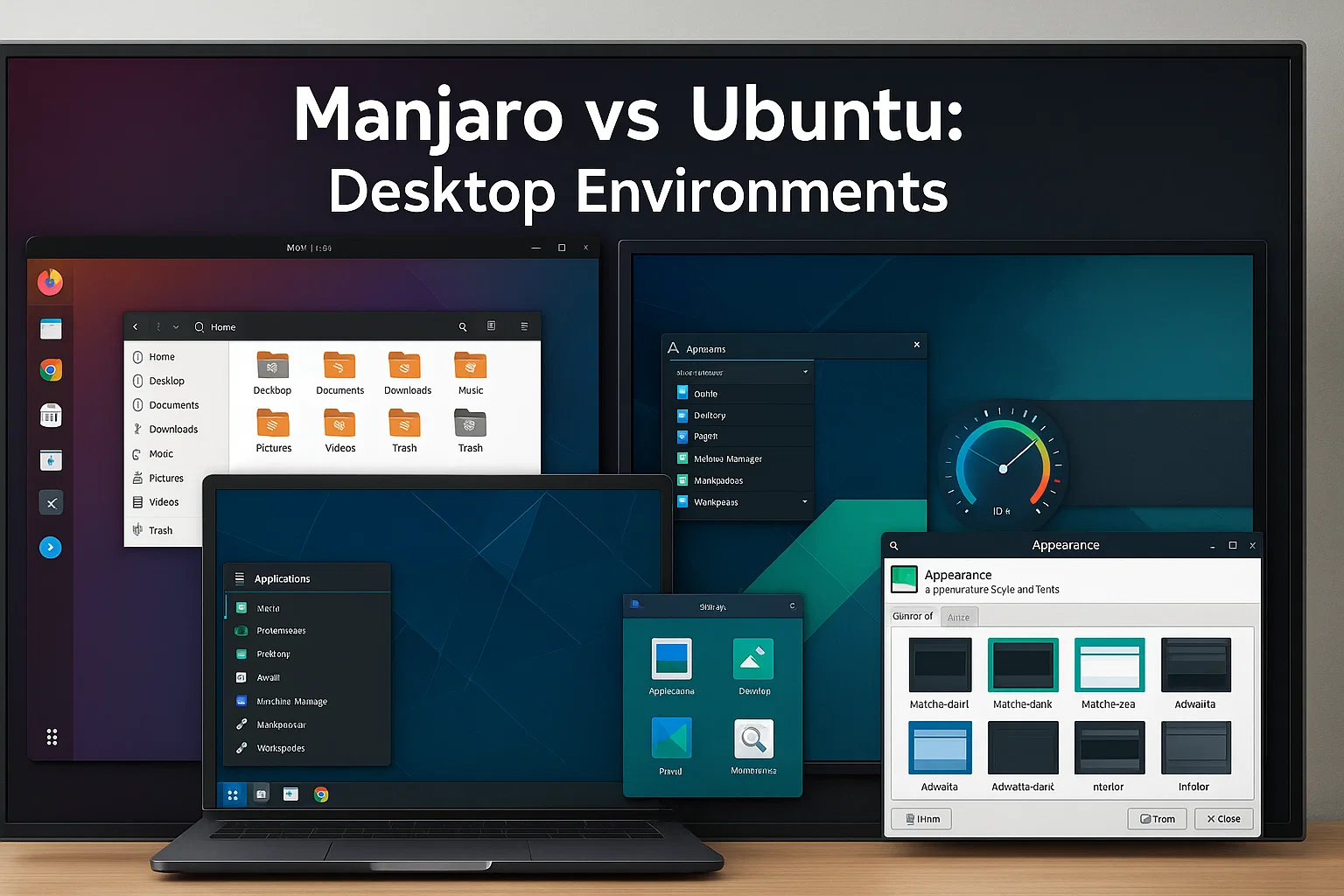 Comparison graphic titled ‘Manjaro vs Ubuntu: Desktop Environments,’ showing multiple screens with different Linux desktop interfaces, file managers, menus, and customization windows to highlight visual and functional differences.