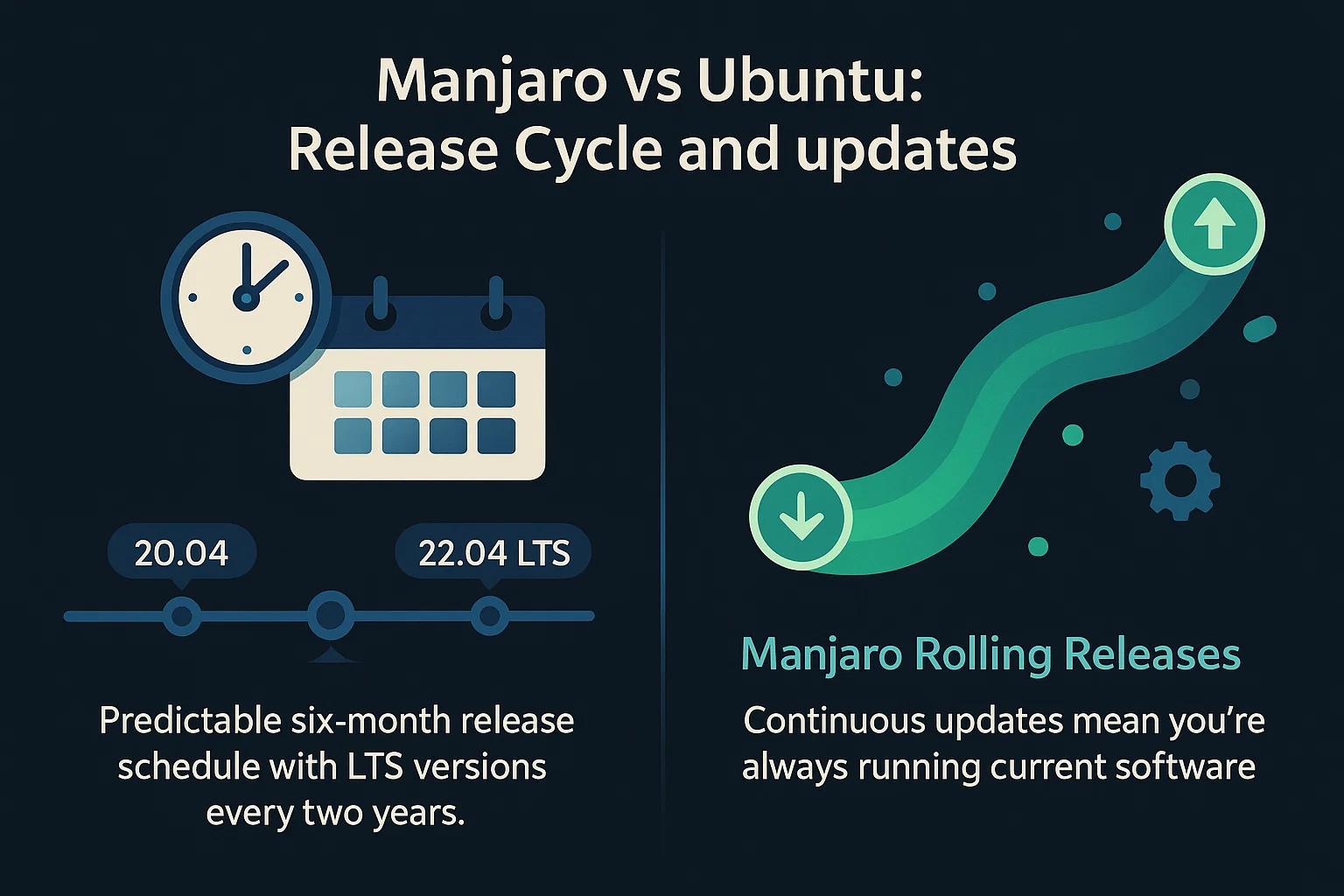 Comparison of Ubuntu and Manjaro release models: Ubuntu shown with calendar and clock icons for six‑month releases and LTS versions like 20.04 and 22.04; Manjaro shown with a flowing path and download arrow to represent its rolling release updates.