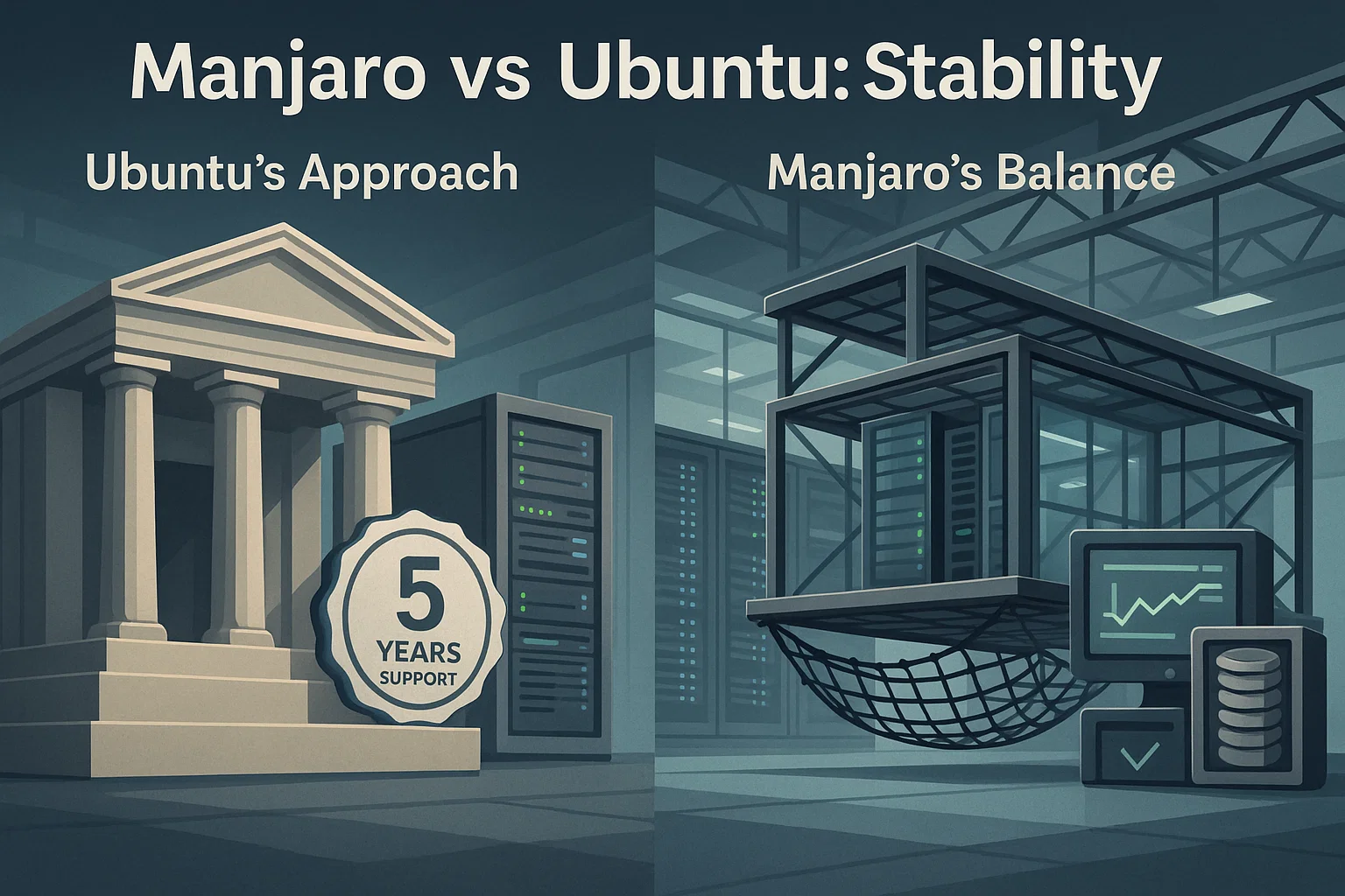 Manjaro vs Ubuntu stability comparison: Ubuntu shown as a classical temple with ‘5 Years Support’ badge and server racks, symbolizing long‑term reliability; Manjaro shown as a modern dynamic structure with digital graphs and server racks, representing balance between stability and cutting‑edge updates.