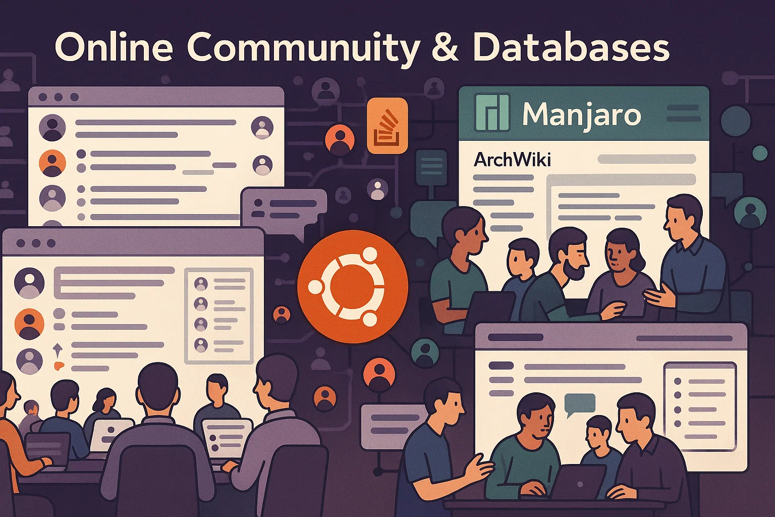 Stylized illustration of Linux communities and databases: groups of people interacting with screens around Ubuntu, Manjaro, and ArchWiki logos, under the heading ‘Online Community & Databases,’ symbolizing collaboration and shared knowledge.