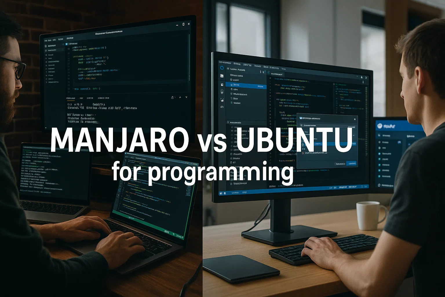 Side‑by‑side illustration of two developers coding: left using Manjaro, right using Ubuntu, each at desks with multiple monitors showing code editors and terminals, under the heading ‘Manjaro vs Ubuntu for programming.